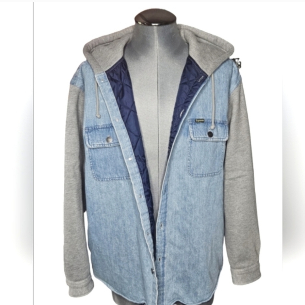 Supreme FW22 | Denim | Button Up | Quilted Fleece | 90s Style Gray Hooded Jacket - Picture 3 of 16